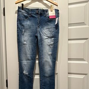 SO Distressed Skinny Jeans in Mid Blue Wash